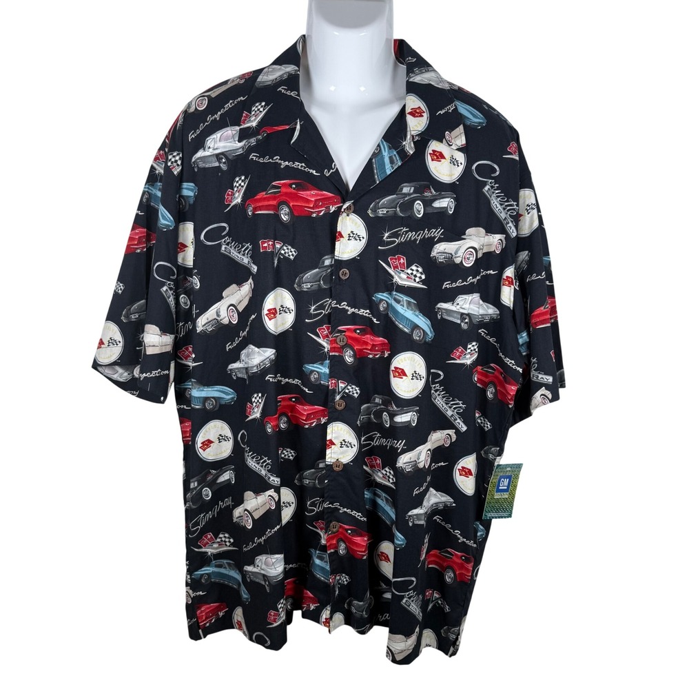 GM X David Carey Corvette Stingray Camp Shirt Mens 2X Black Button Up Car Print